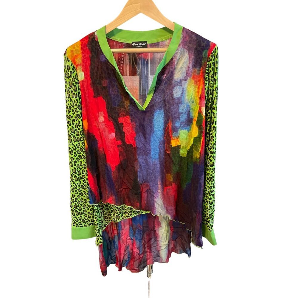 Dor Dor Couture Multicolor Hi Lo Hem Artsy Sheer Tunic Blouse Top Sz XL